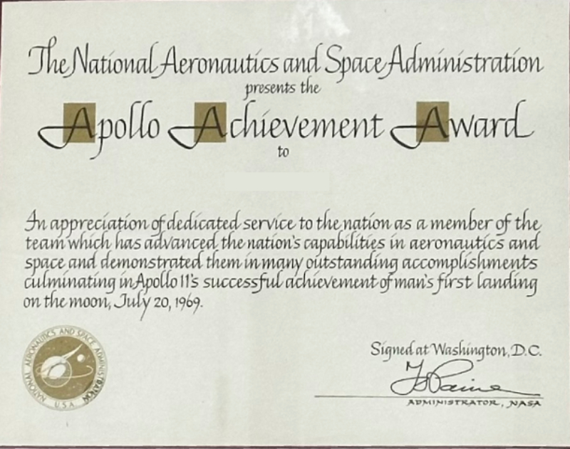 Apollo Achievement Award certificate